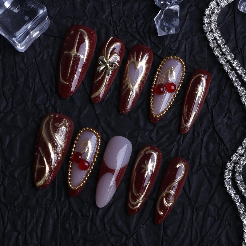 SEENEEY Valentines Long Press on Nails Almond Fake Nails Red Artificial Nail with Cherry and Gold Charm Designs Love Heart Christmas Stick on Nail for Women 30pcs - Image 4